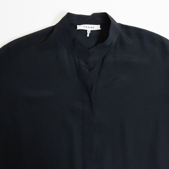 FRAME Silk Blouse Black Flounce Short Sleeve Top Button Up XS - Picture 4 of 14